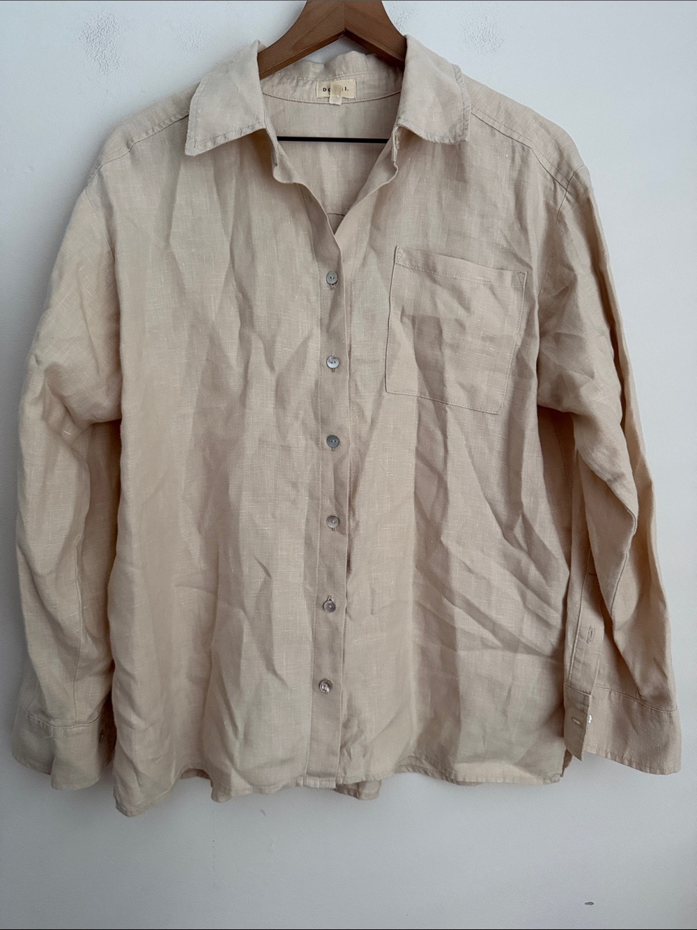 DONNI Linen Relaxed Shirt Womens XS beige Button Down Long Sleeve Blouse